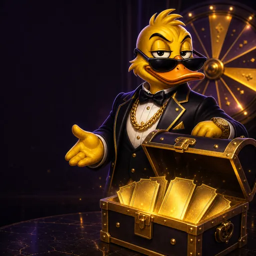 Rich Duck mascot presenting club rewards
