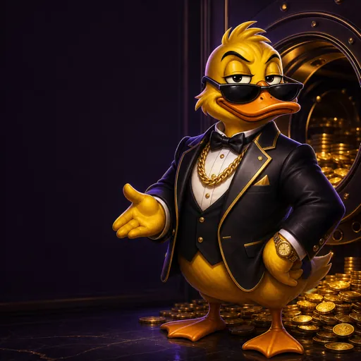 Rich Duck mascot in a sharp suit welcoming players onto the game floor