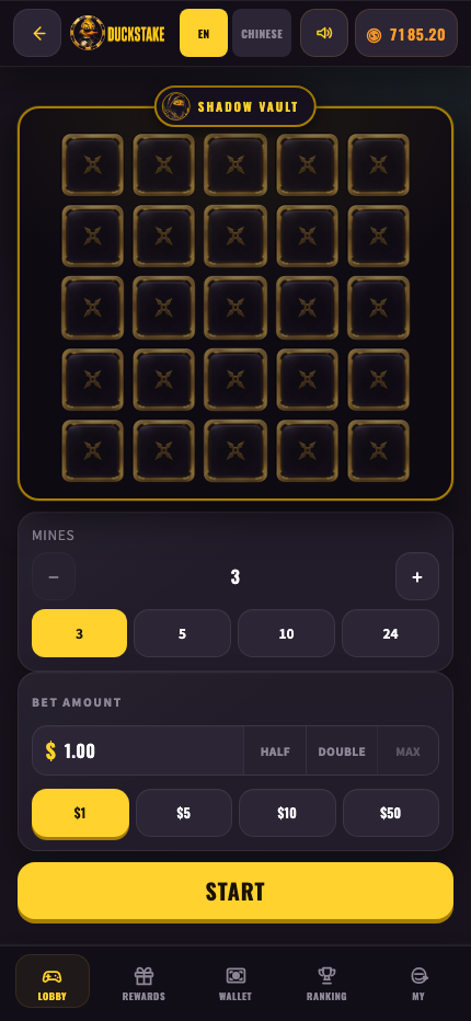 Mines grid with opened safe tiles inside the DuckStake Mini App