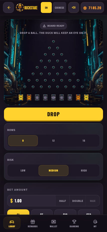 Plinko board with bet controls inside the DuckStake Mini App